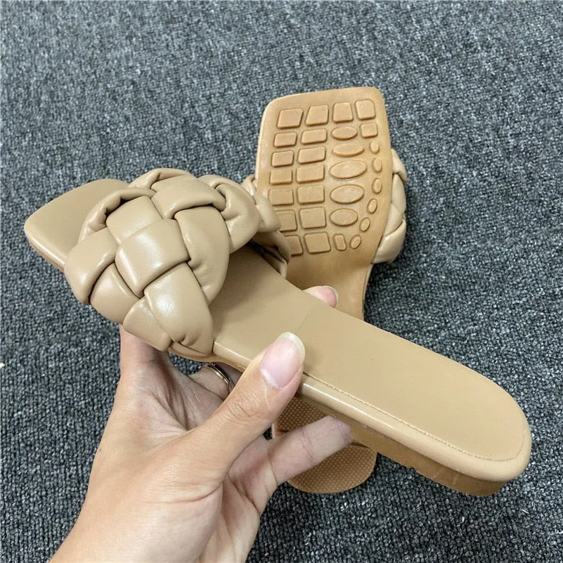 Uniwim 2024  Women 7Cm High Heels Mules Slides Summer Luxury Designer Sandals Weave Leather Low Heels Slippers Platform Blue Nude Shoes