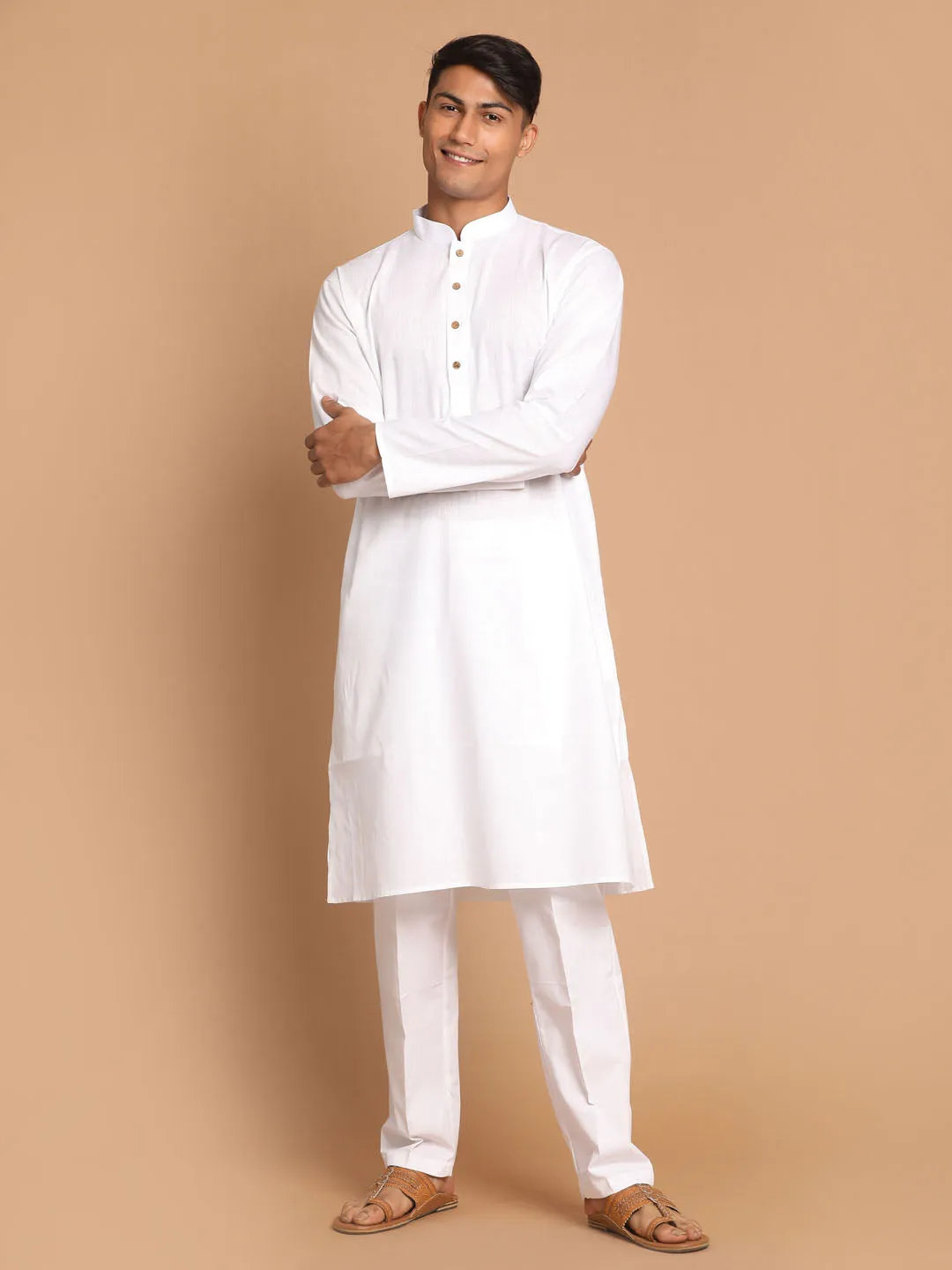 VASTRAMAY White Cotton Kurta Pyjama Set