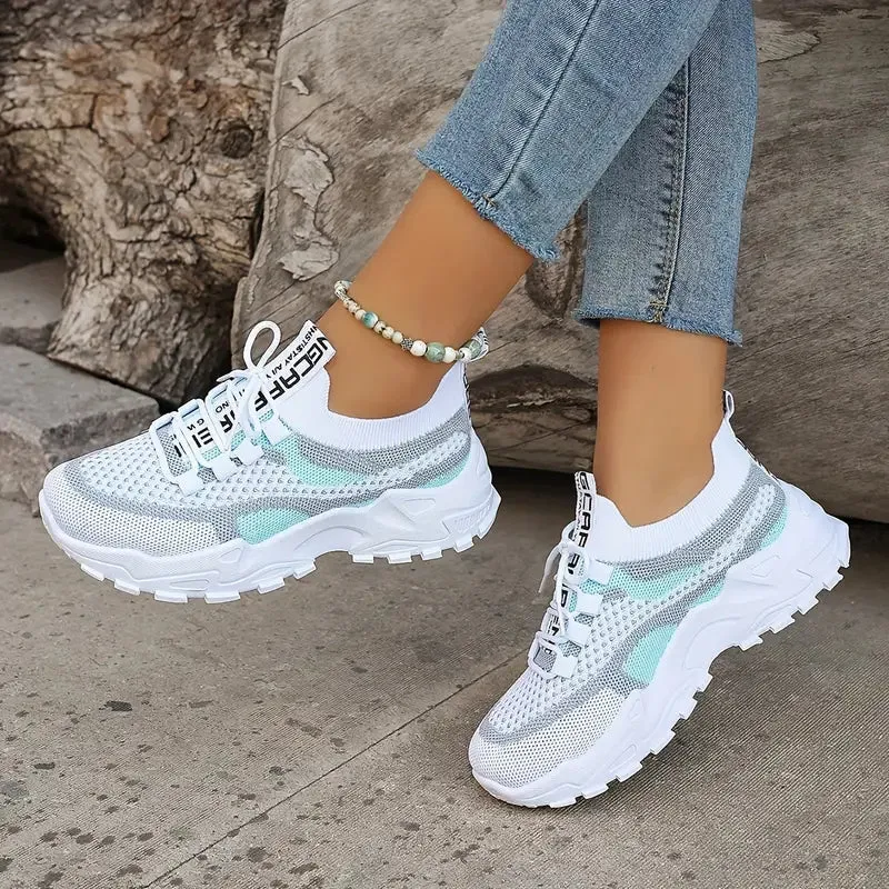 Women's Colorblock Knitted Sneakers - Breathable Low Top Running Shoes