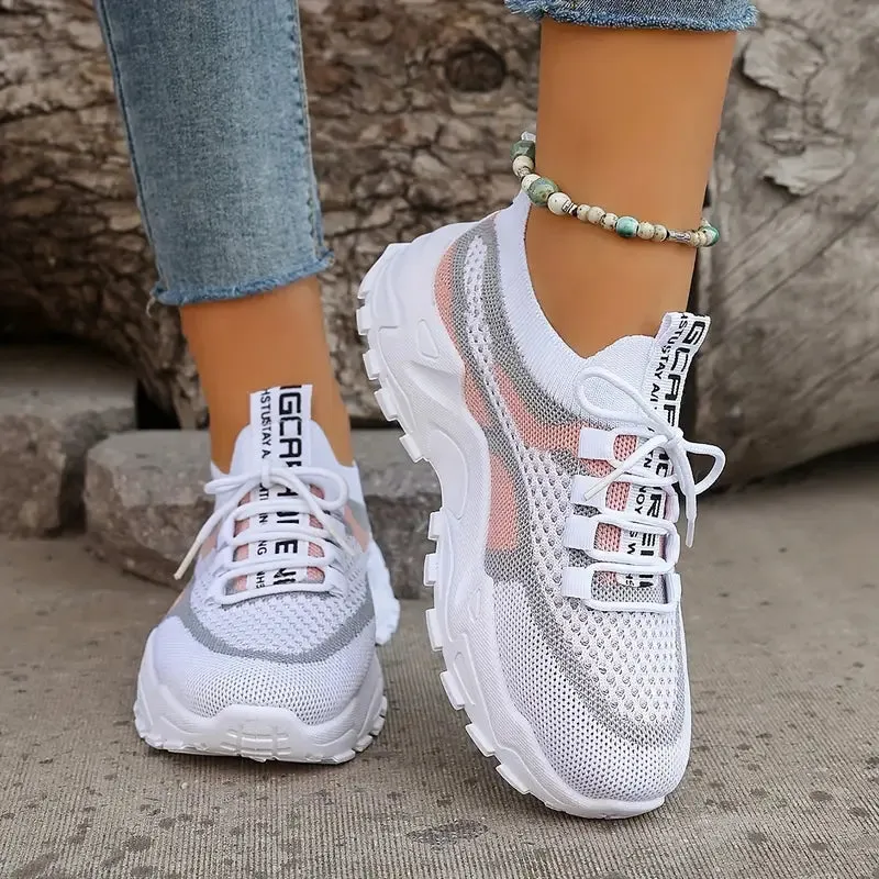 Women's Colorblock Knitted Sneakers - Breathable Low Top Running Shoes