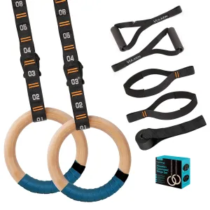 Wooden Gymnastics Rings 1.25" with Adjustable Straps and Suspension Training Handles set